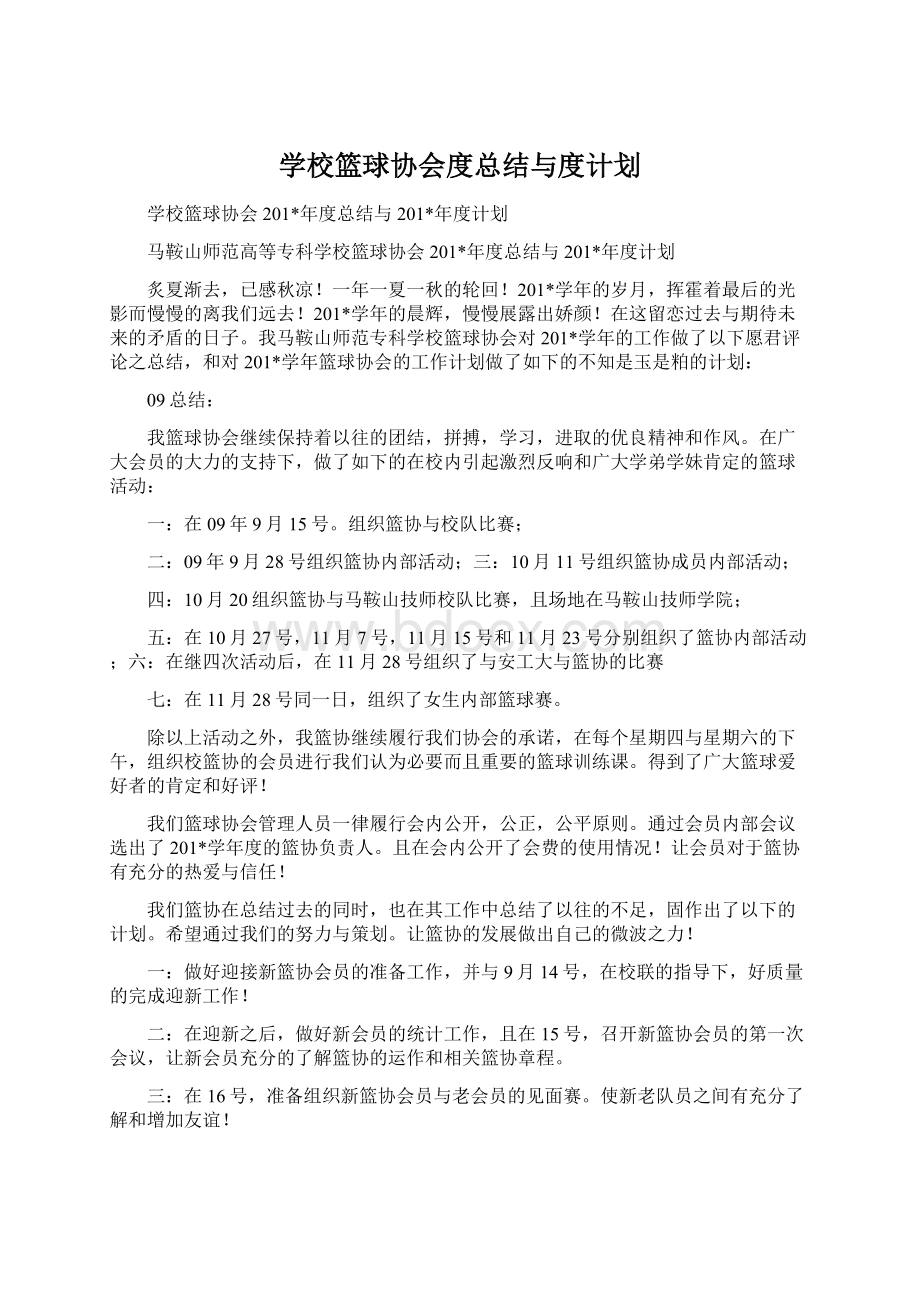 学校篮球协会度总结与度计划Word格式.docx