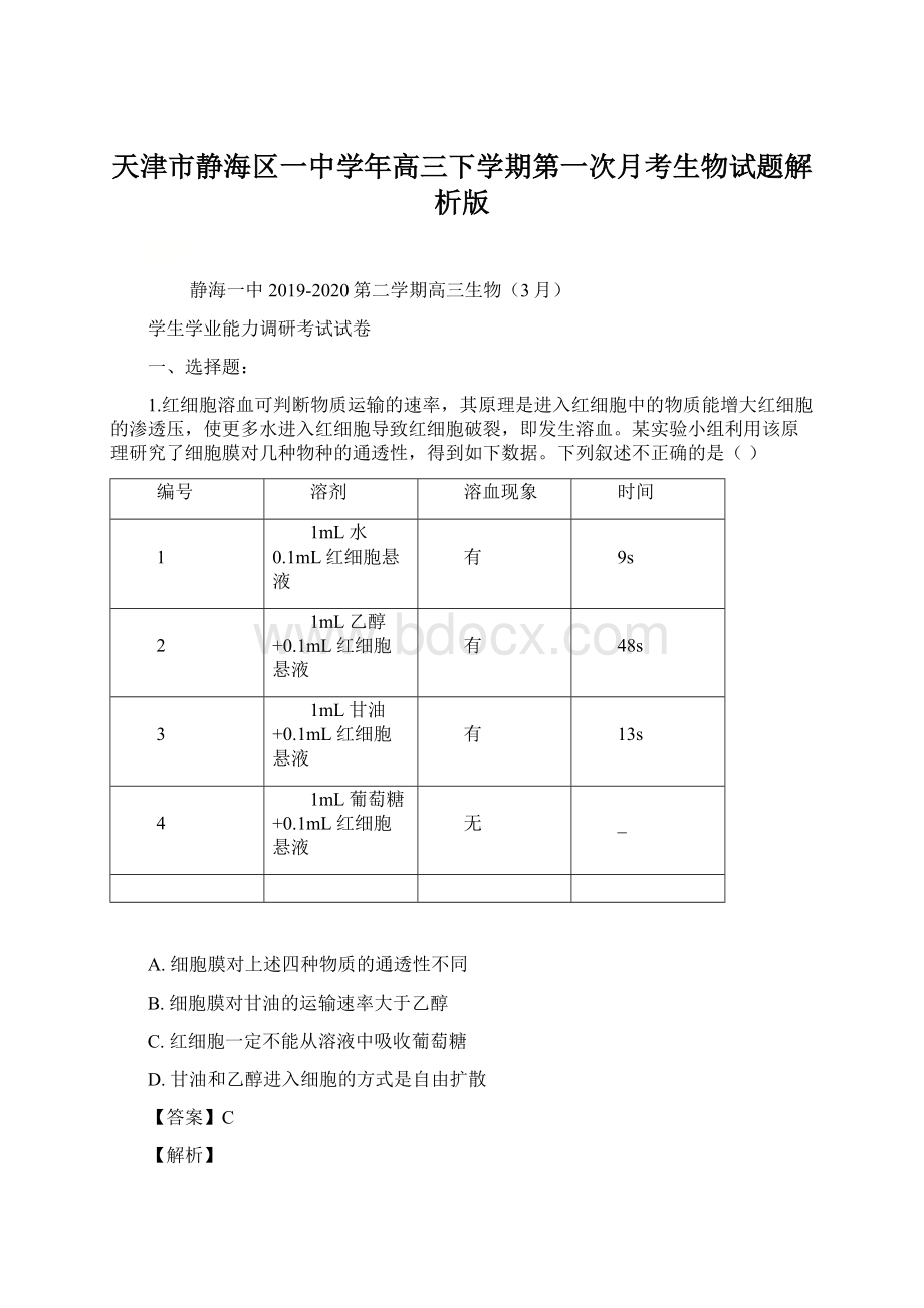 天津市静海区一中学年高三下学期第一次月考生物试题解析版Word文件下载.docx_第1页