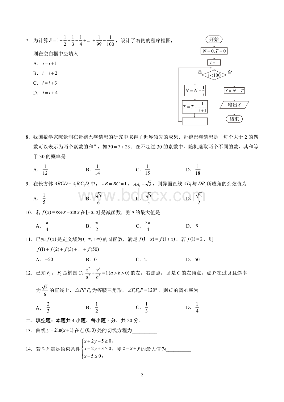 高考全国新课标2卷理科数学word版及答案.doc_第2页