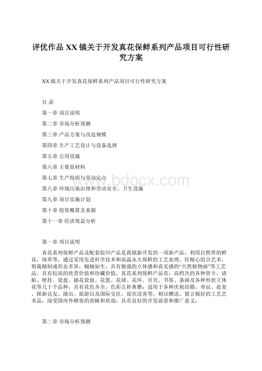 评优作品XX镇关于开发真花保鲜系列产品项目可行性研究方案Word格式.docx