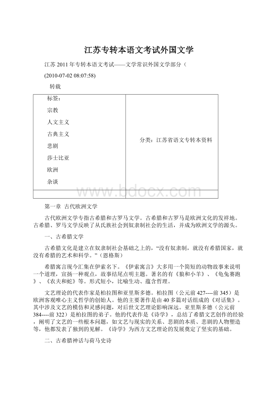 江苏专转本语文考试外国文学文档格式.docx