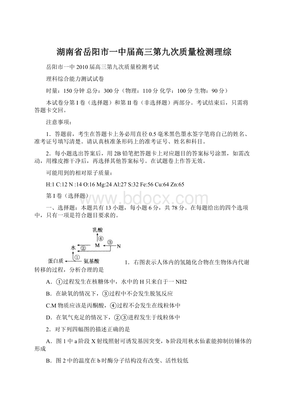 湖南省岳阳市一中届高三第九次质量检测理综Word文件下载.docx_第1页