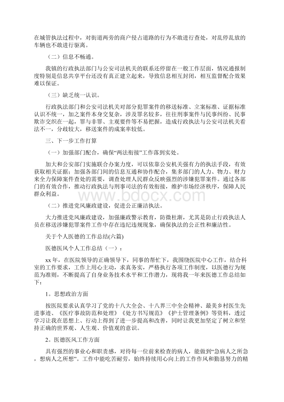 关于两法衔接贯彻落实工作汇报与关于个人医德的工作总结六篇汇编Word文档下载推荐.docx_第2页