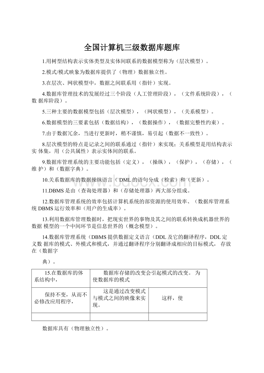 全国计算机三级数据库题库文档格式.docx_第1页