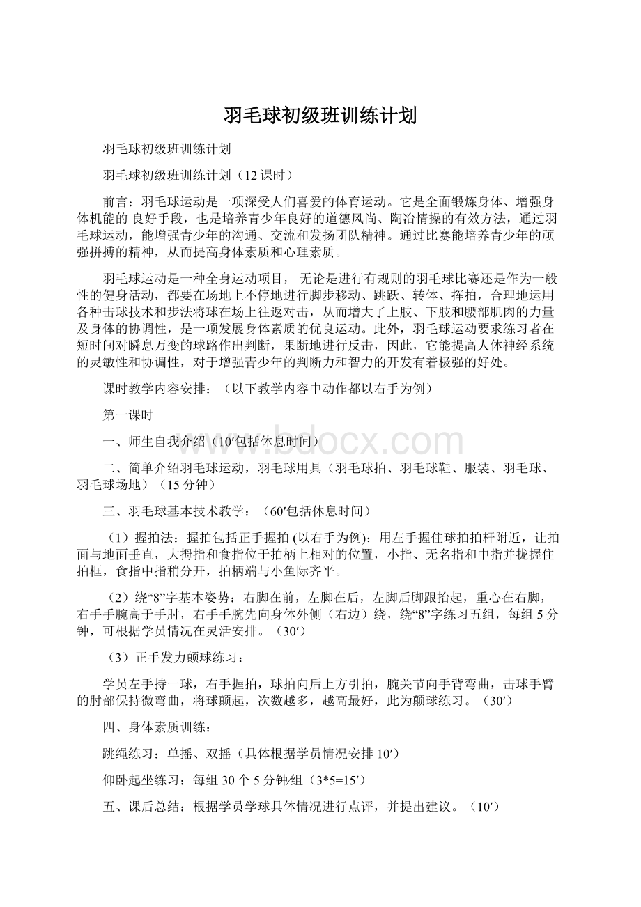 羽毛球初级班训练计划.docx