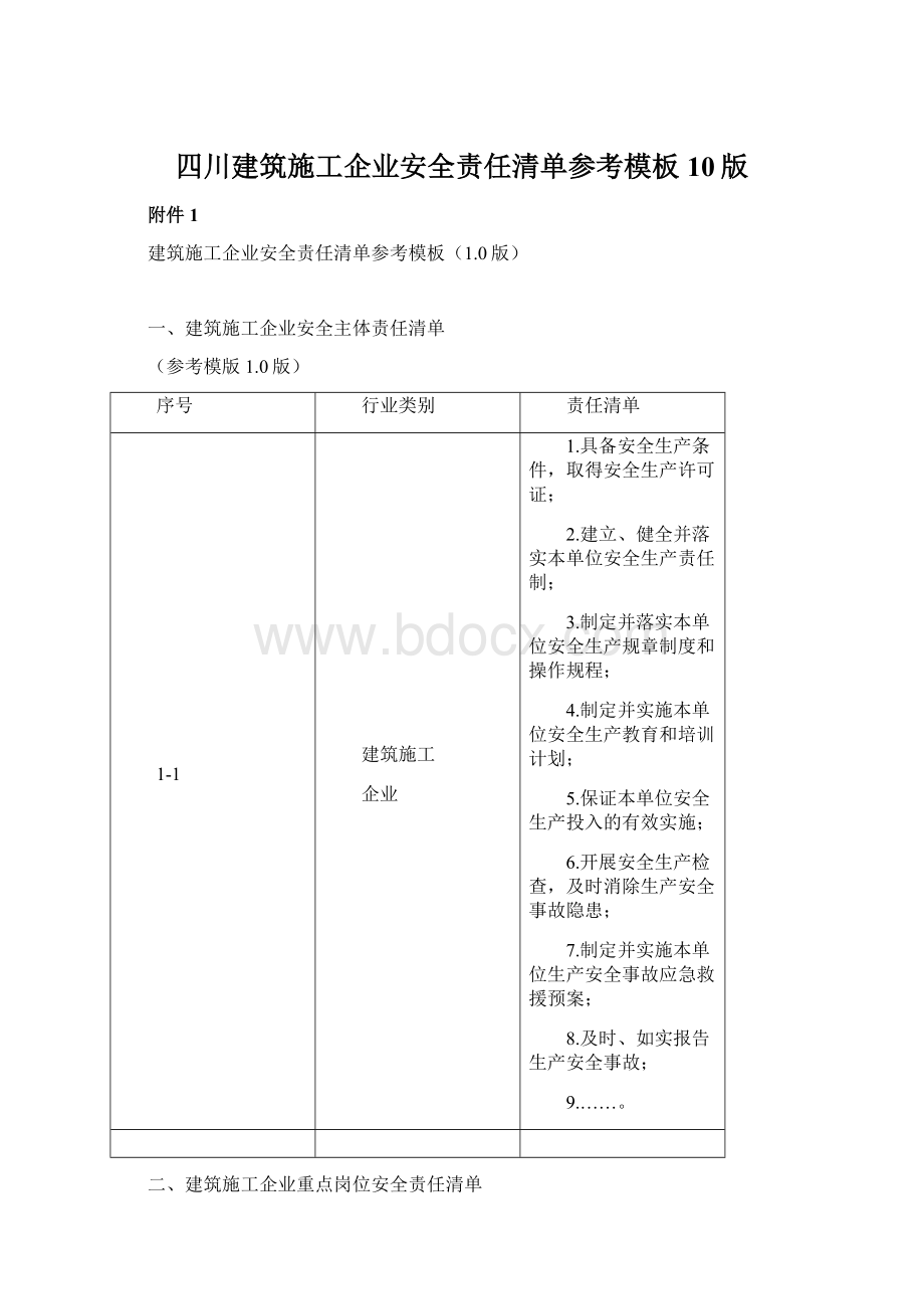 四川建筑施工企业安全责任清单参考模板10版.docx_第1页