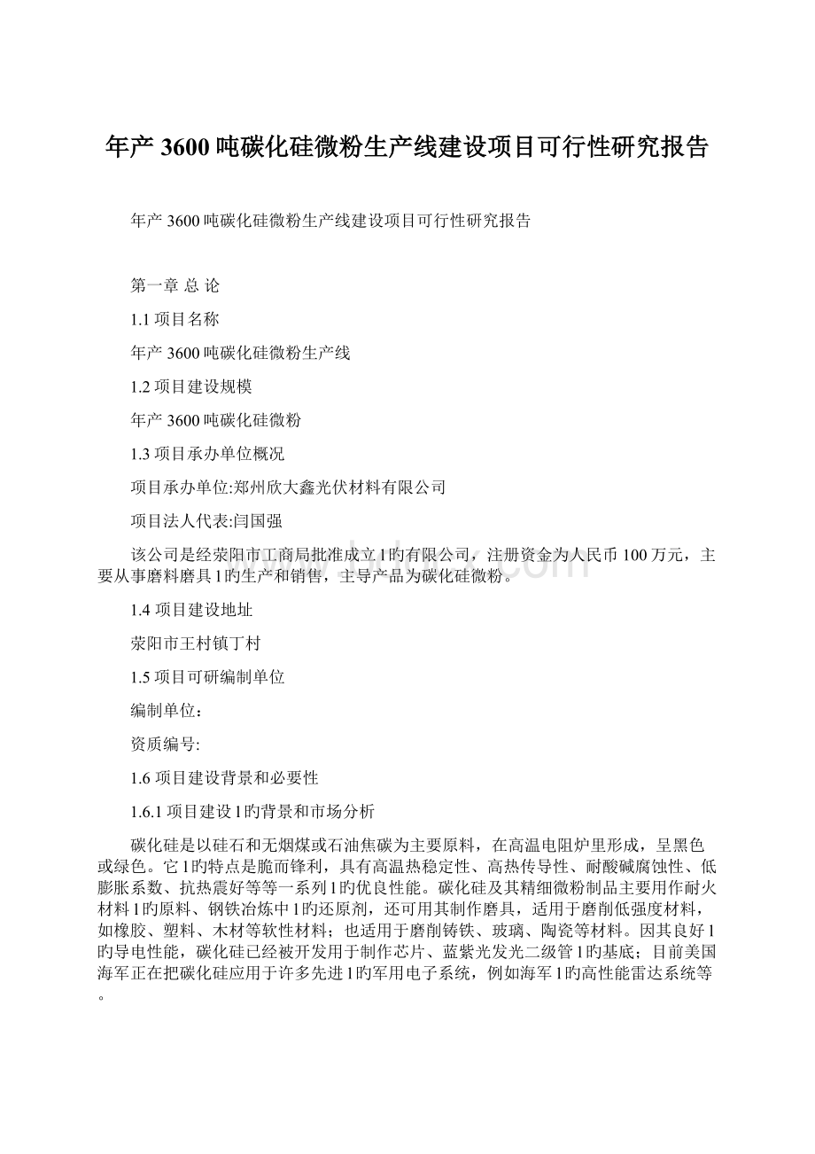 年产3600吨碳化硅微粉生产线建设项目可行性研究报告Word格式.docx_第1页