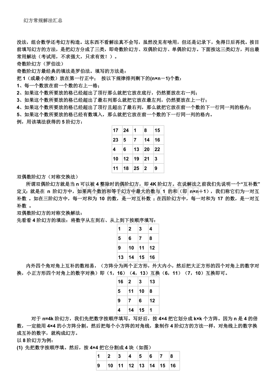 幻方常规解法汇总Word下载.docx