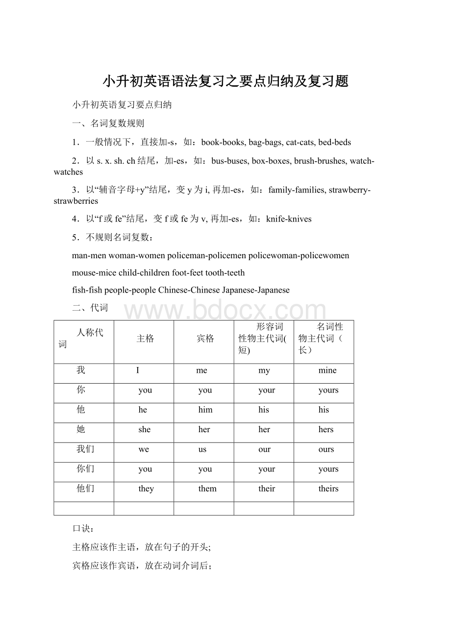 小升初英语语法复习之要点归纳及复习题.docx