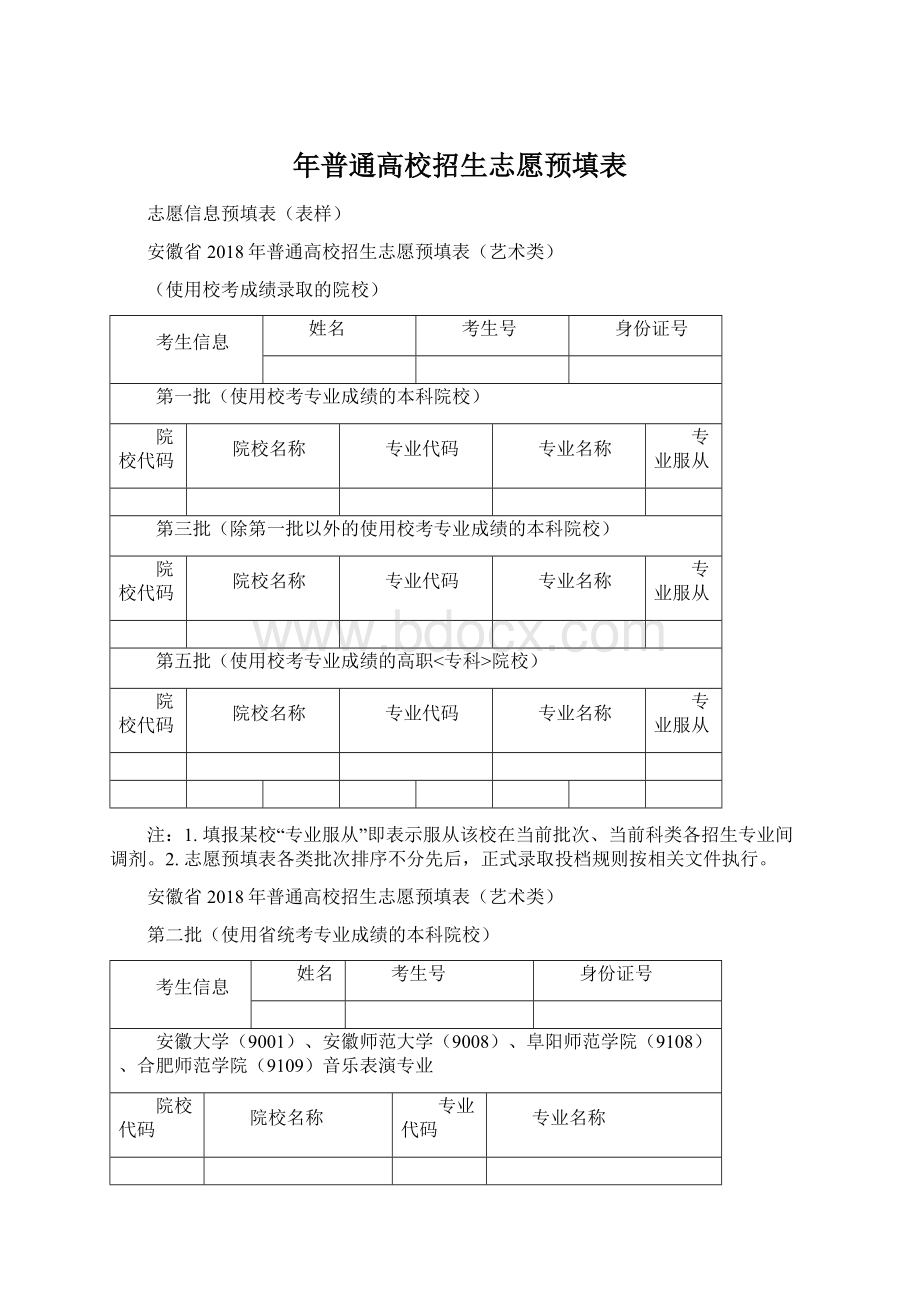 年普通高校招生志愿预填表文档格式.docx