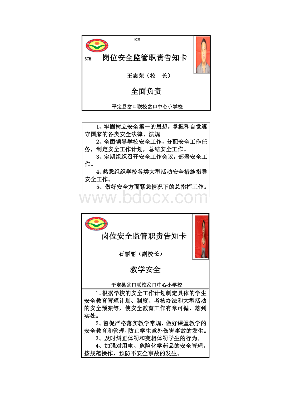 岔口中心小学岗位安全监管职责告知卡Word文档下载推荐.doc