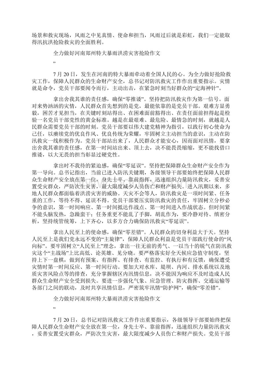 全力做好河南郑州特大暴雨洪涝灾害抢险作文5篇.docx_第3页