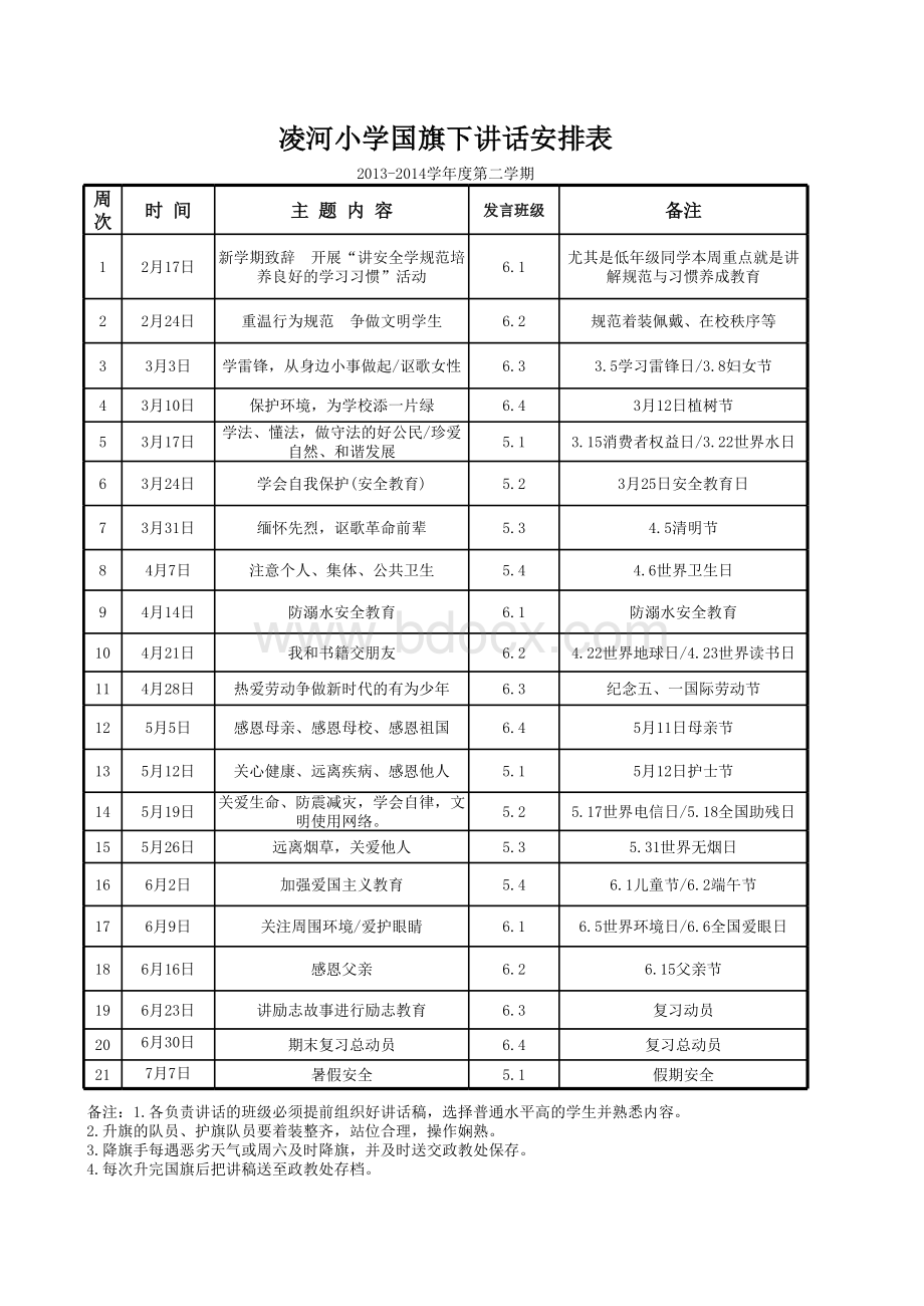 小学国旗下讲话安排表表格文件下载.xls