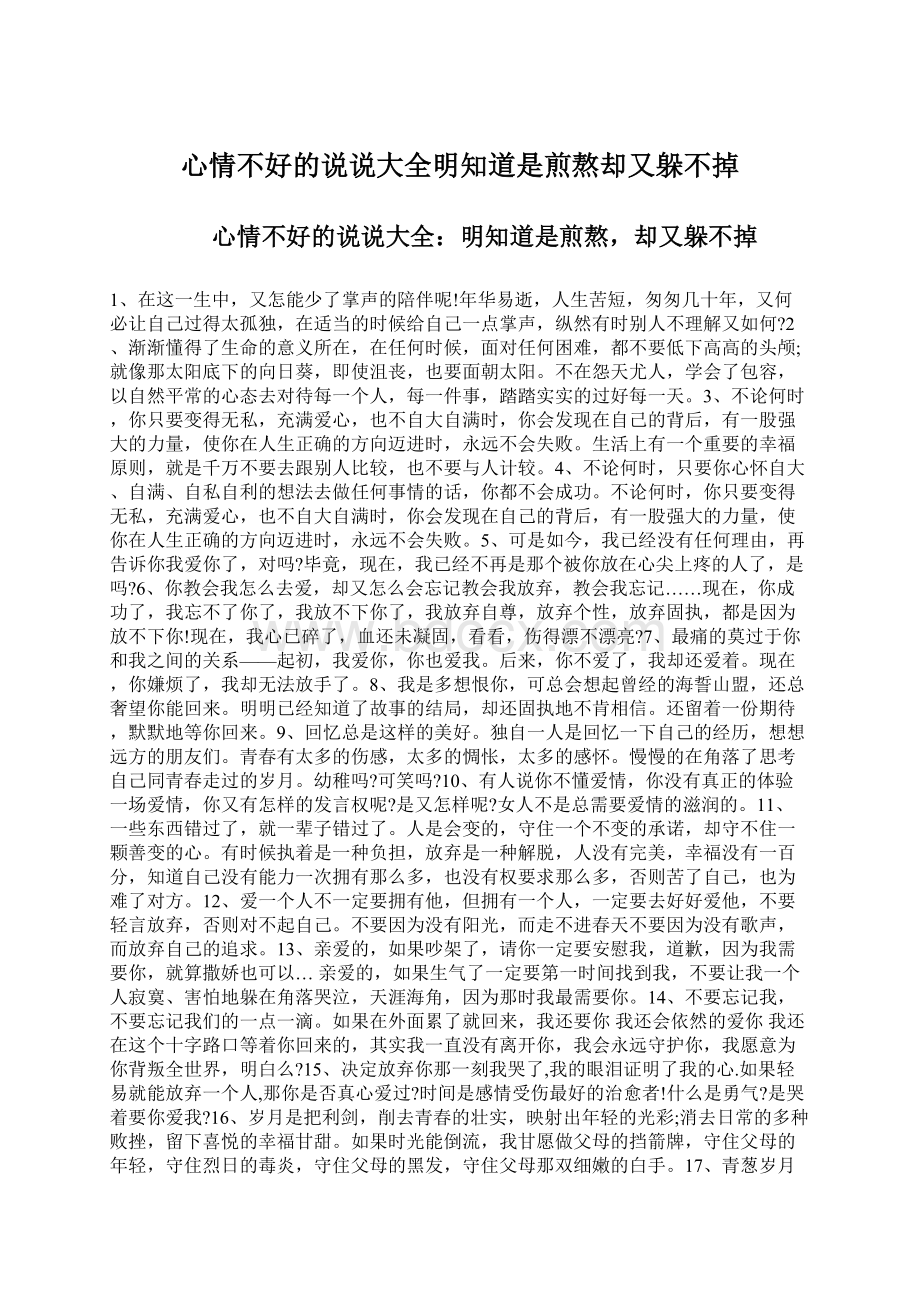 心情不好的说说大全明知道是煎熬却又躲不掉.docx_第1页