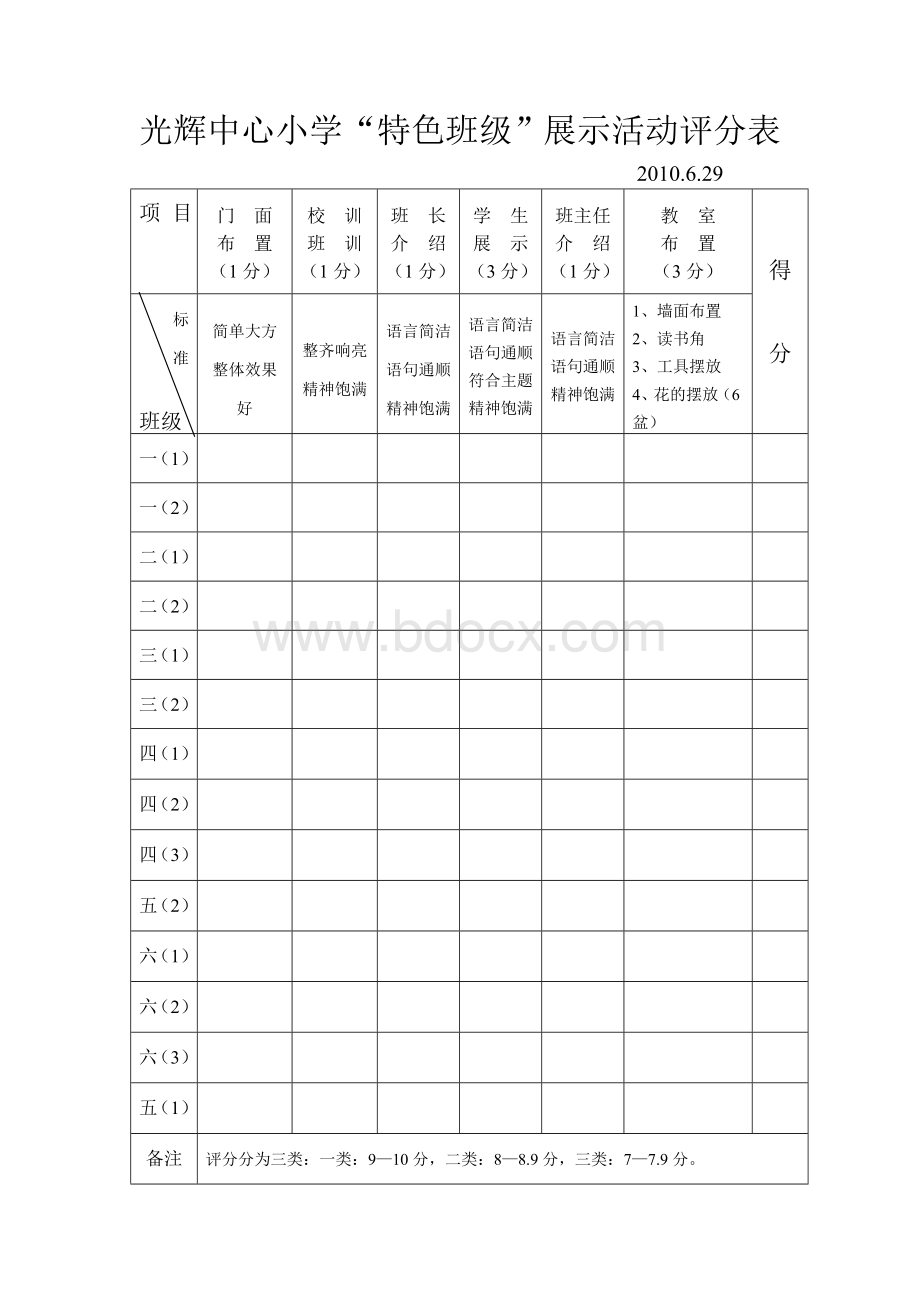 光辉中心小学特色班级展示活动评分表Word下载.doc