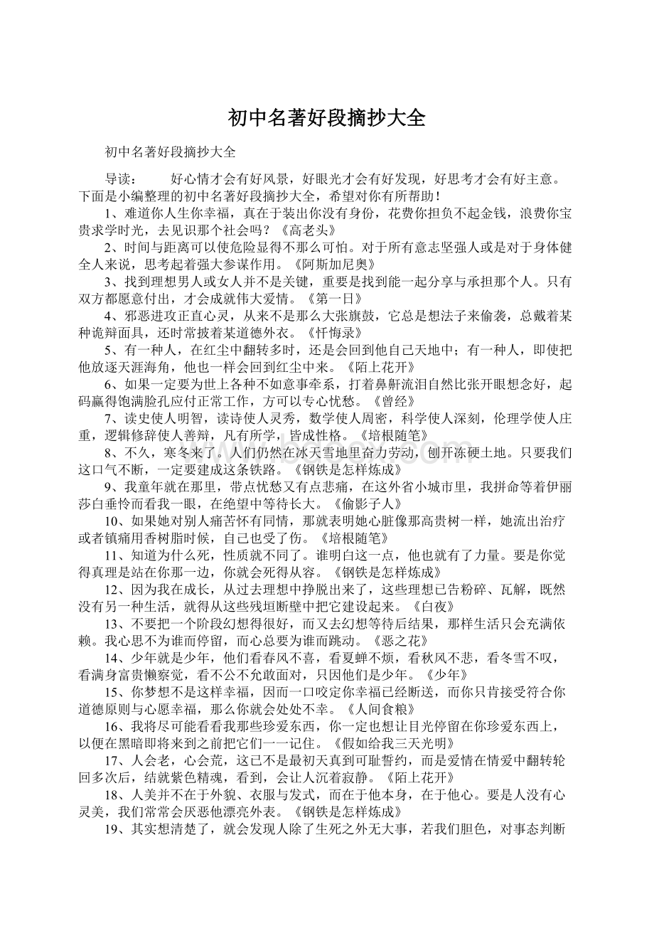 初中名著好段摘抄大全文档格式.docx_第1页