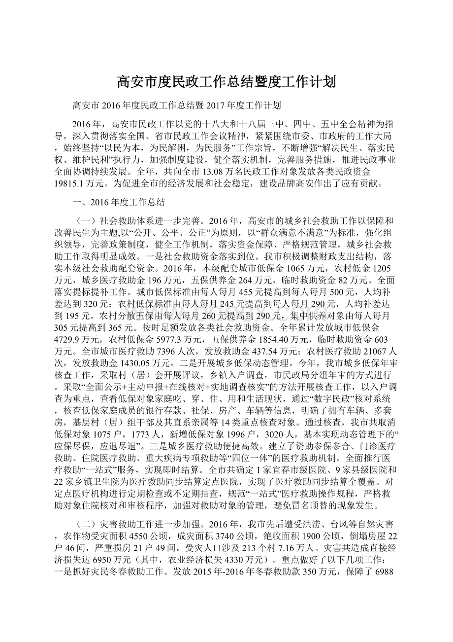 高安市度民政工作总结暨度工作计划文档格式.docx_第1页