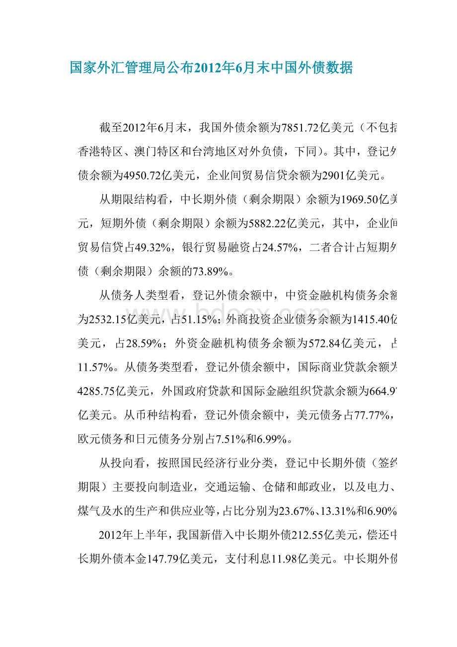 国家外汇管理局公布2012年6月末中国外债数据Word格式文档下载.doc