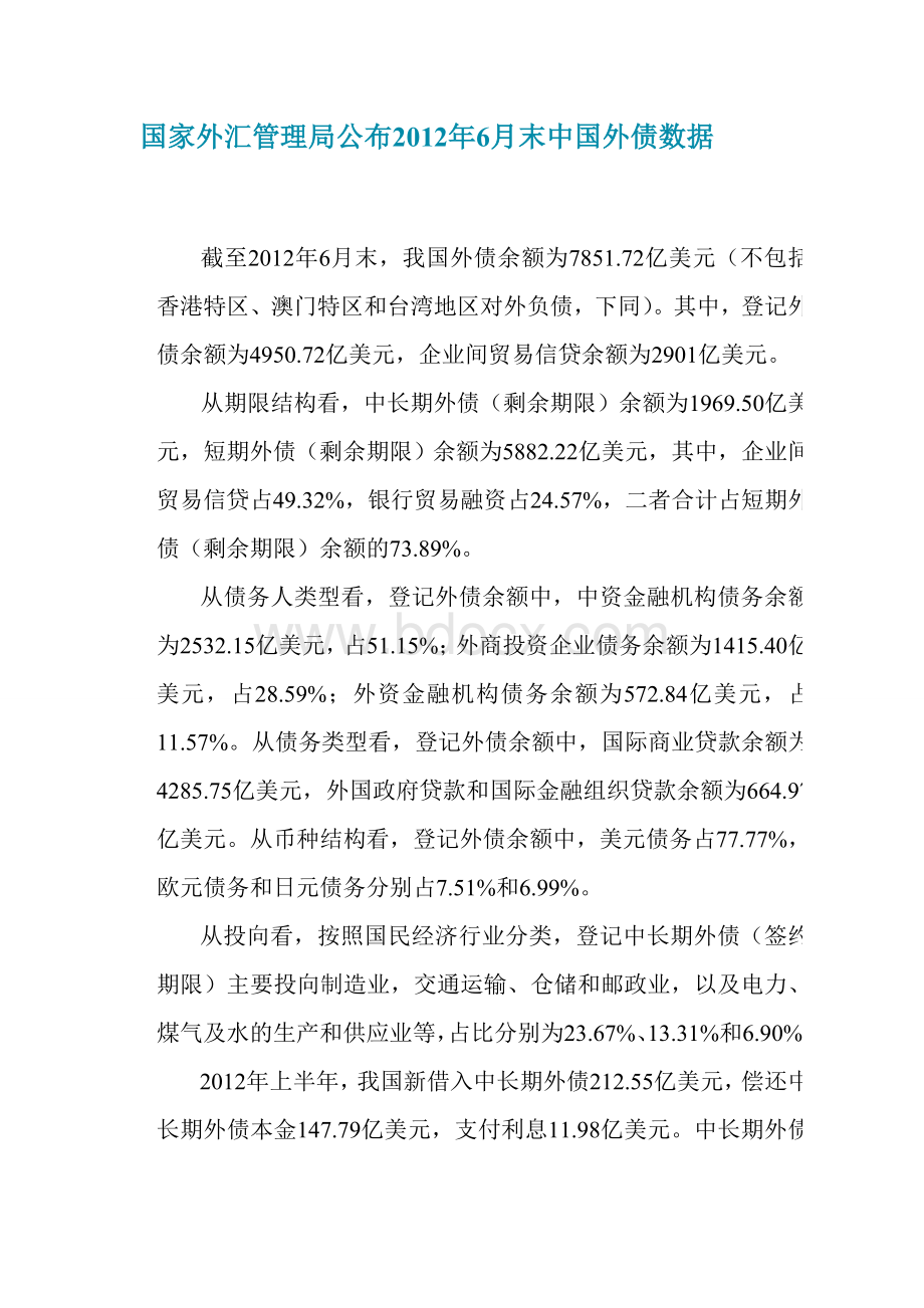 国家外汇管理局公布2012年6月末中国外债数据Word格式文档下载.doc_第1页