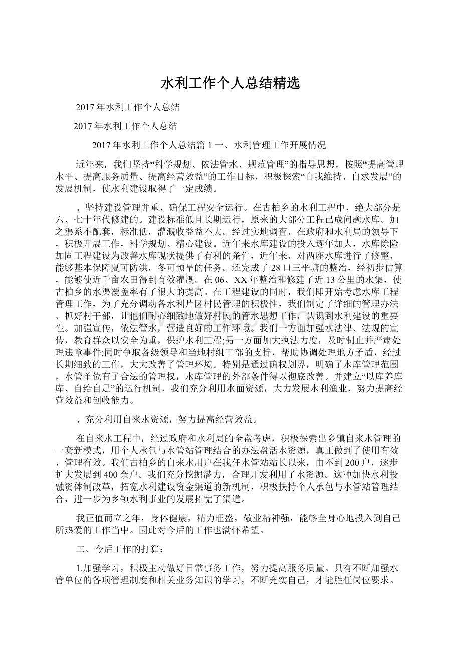 水利工作个人总结精选Word格式文档下载.docx