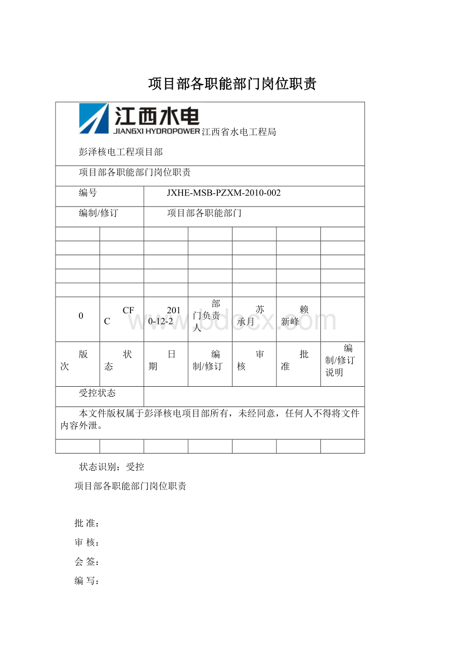 项目部各职能部门岗位职责Word文件下载.docx_第1页