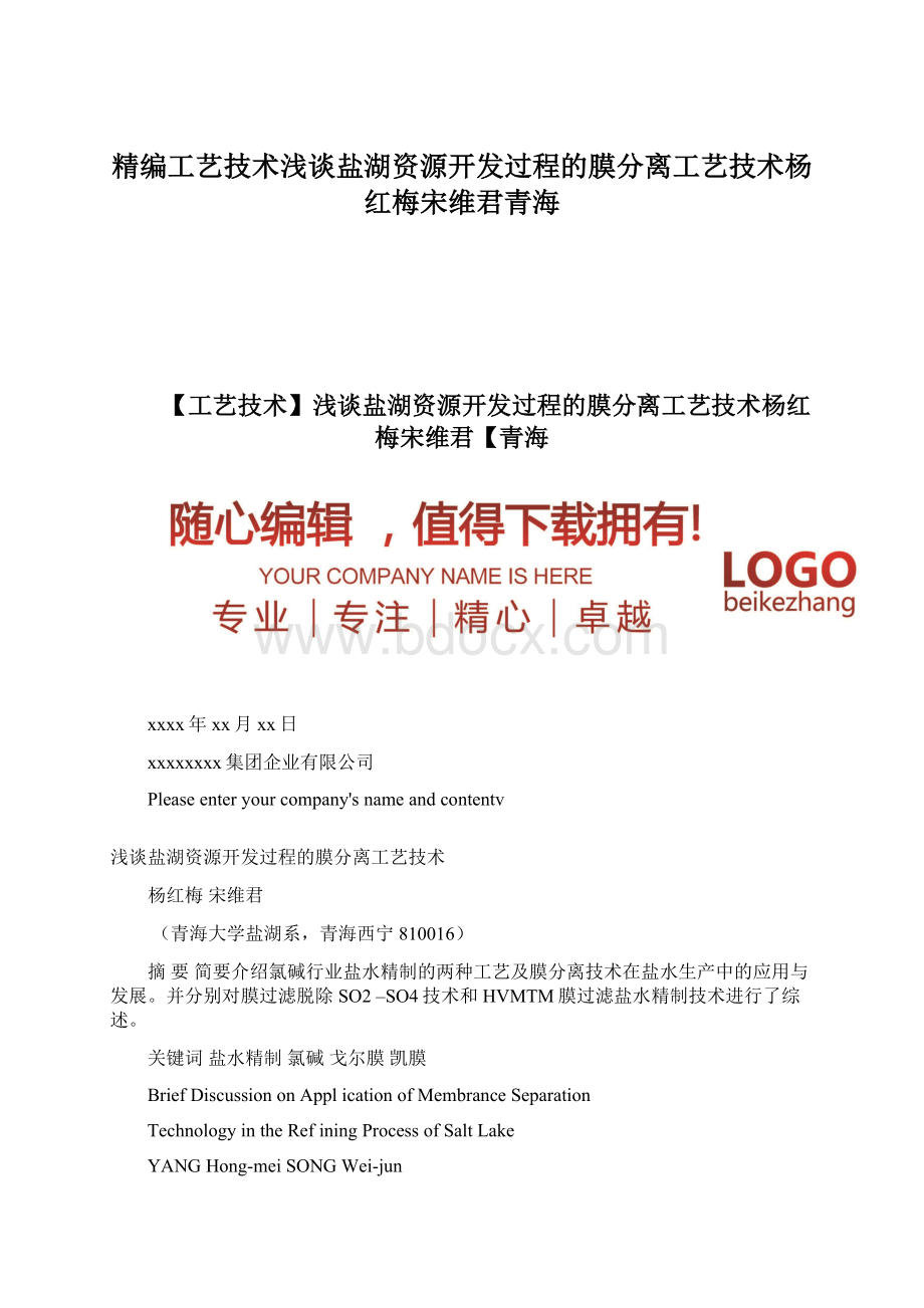 精编工艺技术浅谈盐湖资源开发过程的膜分离工艺技术杨红梅宋维君青海Word文档下载推荐.docx_第1页