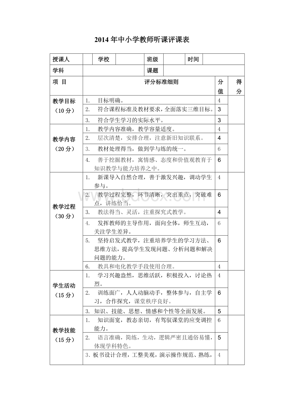 中小学教师听课评课表.doc