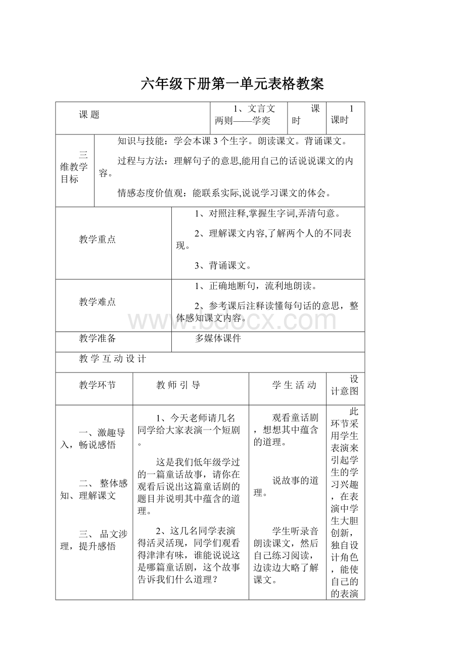 六年级下册第一单元表格教案Word格式文档下载.docx