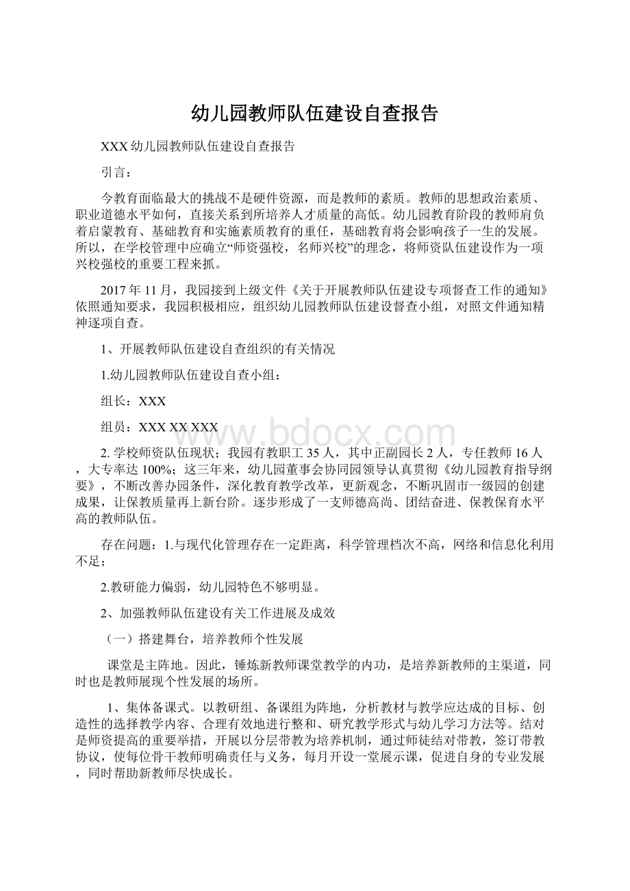 幼儿园教师队伍建设自查报告Word格式文档下载.docx_第1页