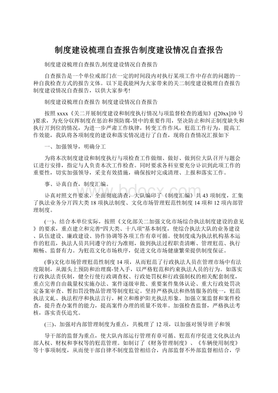 制度建设梳理自查报告制度建设情况自查报告Word文件下载.docx