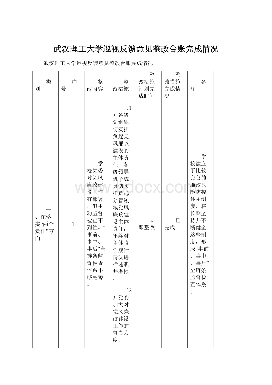 武汉理工大学巡视反馈意见整改台账完成情况Word格式文档下载.docx