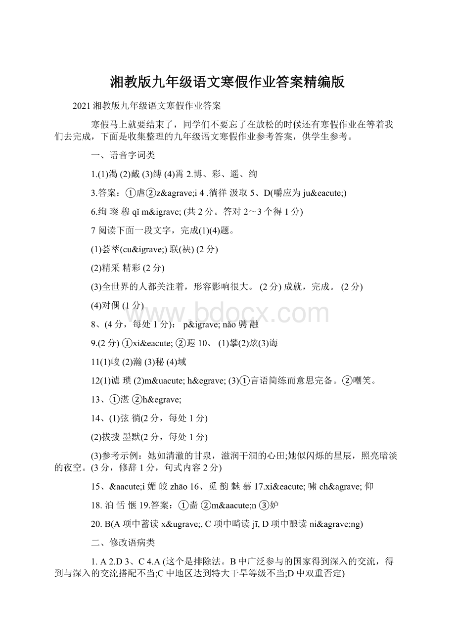 湘教版九年级语文寒假作业答案精编版Word文档格式.docx_第1页