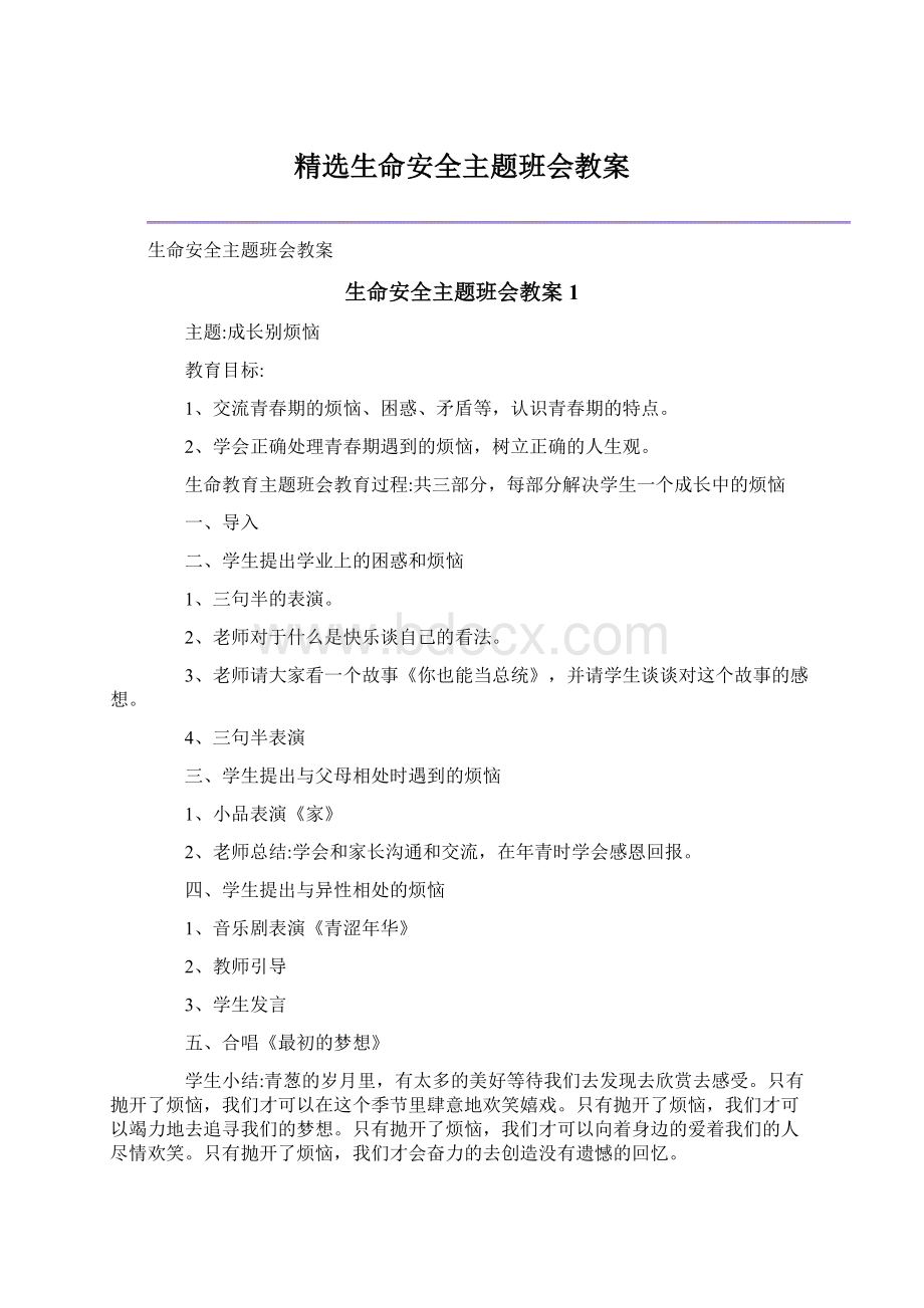 精选生命安全主题班会教案文档格式.docx