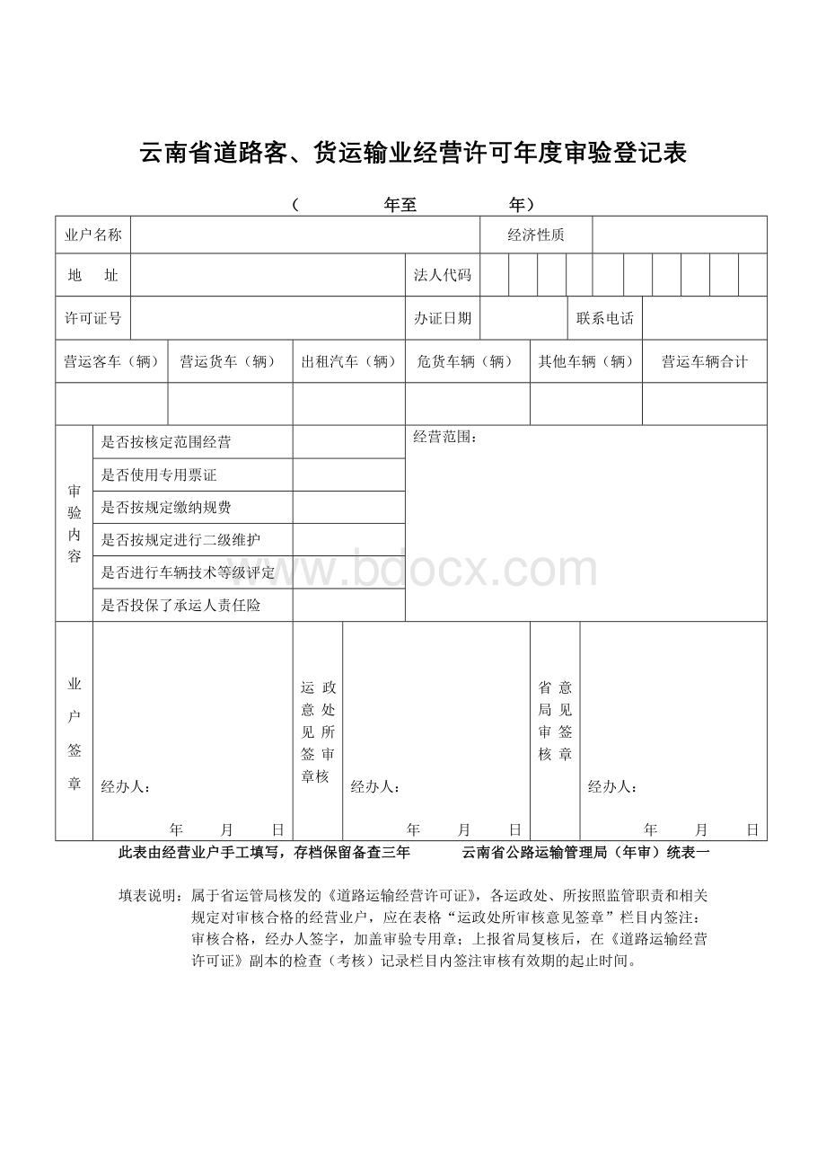 云南省道路客、货运输业经营许可年度审验登记表.doc_第1页