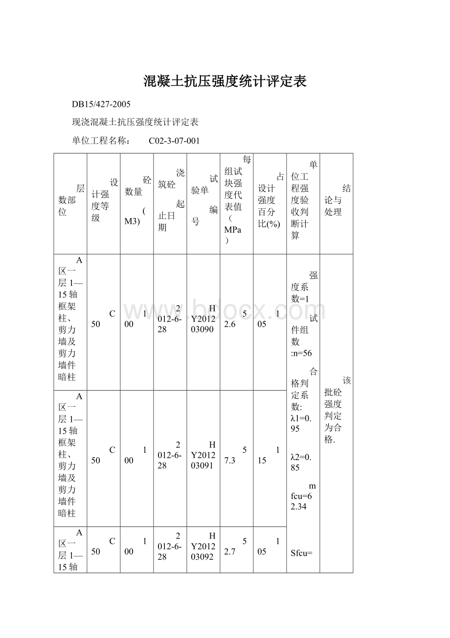 混凝土抗压强度统计评定表.docx