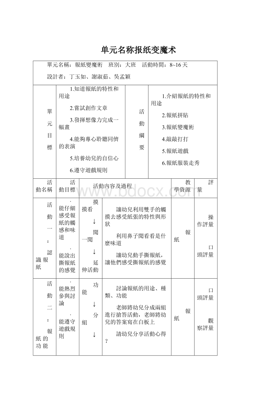 单元名称报纸变魔术Word文件下载.docx_第1页