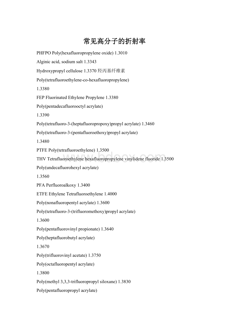 常见高分子的折射率Word文档下载推荐.docx