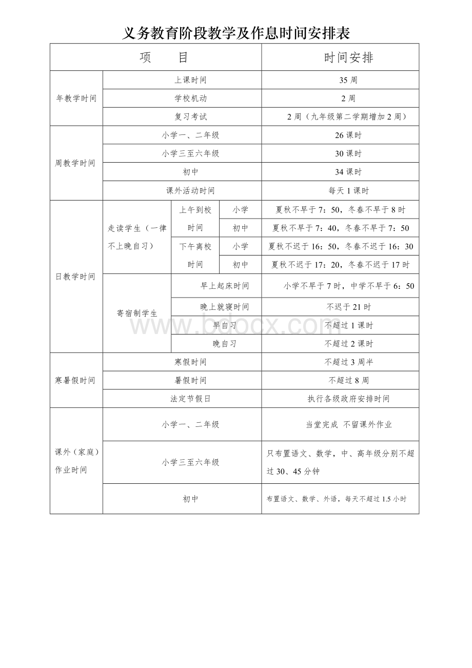 义务教育阶段教学及作息时间安排表Word格式.doc_第1页