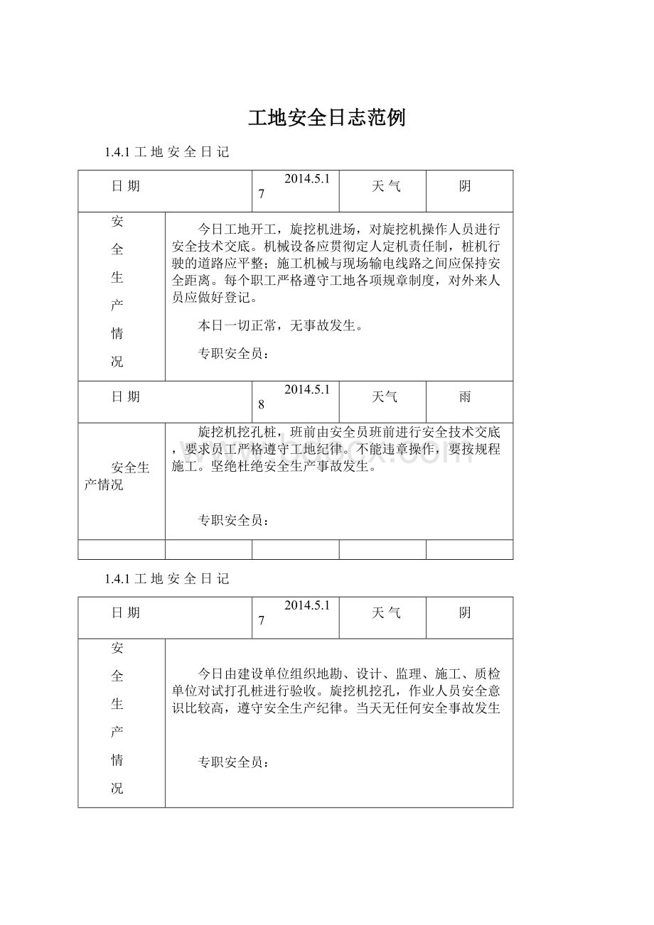 工地安全日志范例Word文档下载推荐.docx_第1页