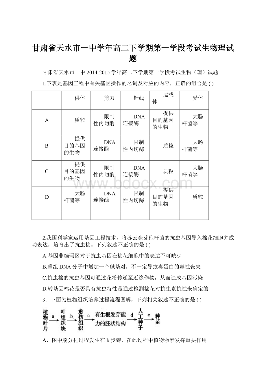 甘肃省天水市一中学年高二下学期第一学段考试生物理试题Word文档格式.docx