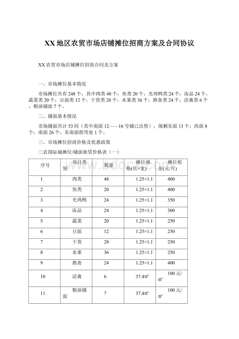 XX地区农贸市场店铺摊位招商方案及合同协议.docx_第1页