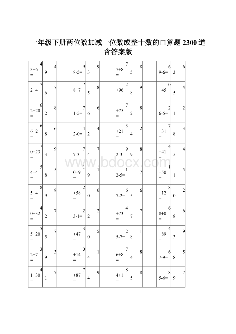 一年级下册两位数加减一位数或整十数的口算题2300道含答案版Word格式文档下载.docx_第1页