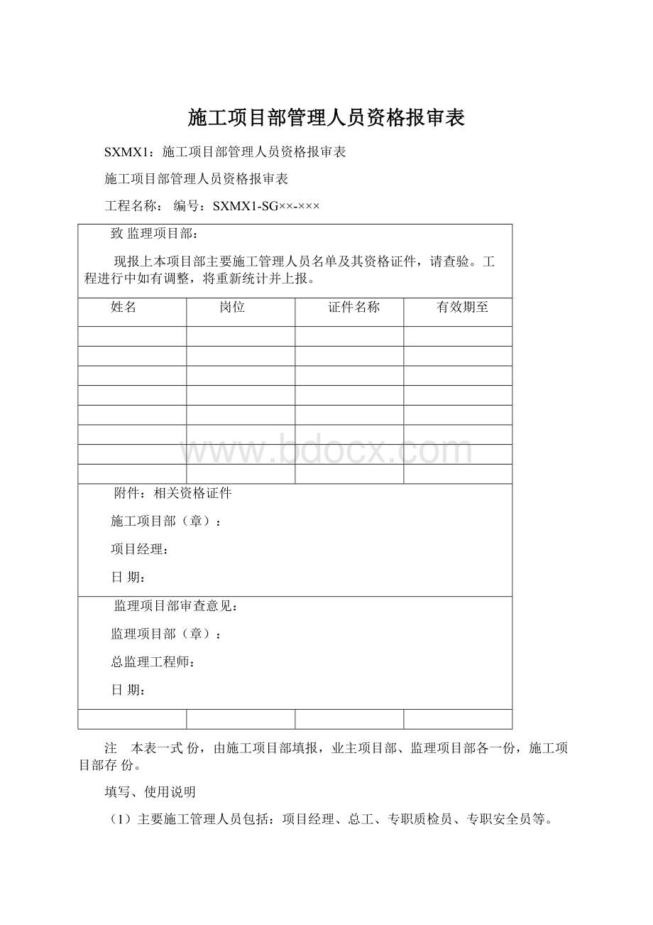 施工项目部管理人员资格报审表文档格式.docx