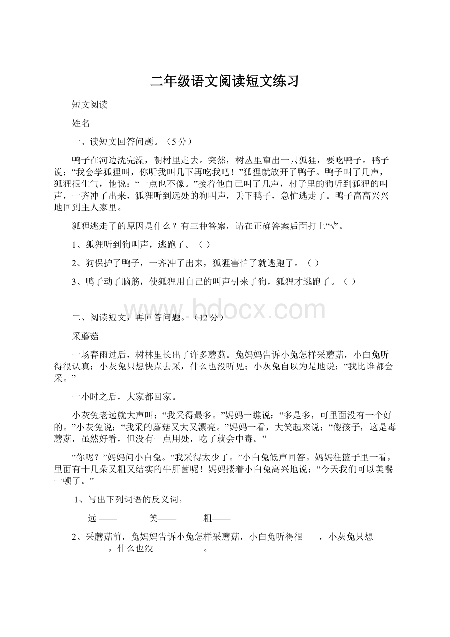 二年级语文阅读短文练习Word文件下载.docx