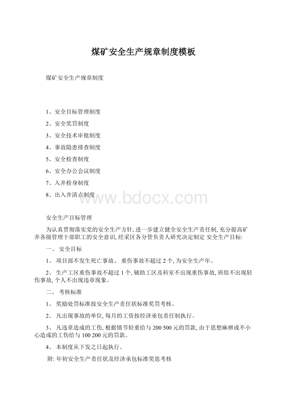 煤矿安全生产规章制度模板文档格式.docx_第1页