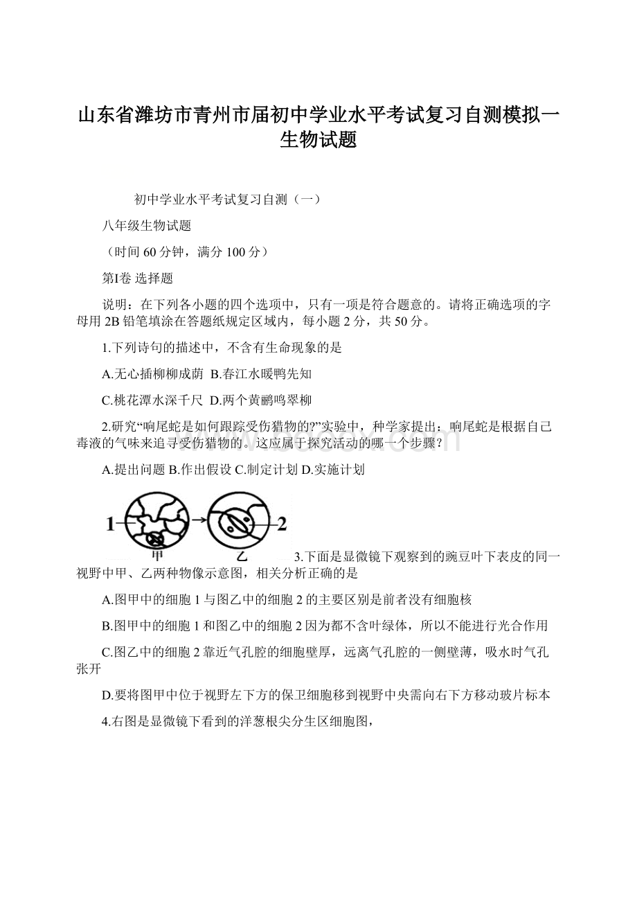 山东省潍坊市青州市届初中学业水平考试复习自测模拟一生物试题.docx