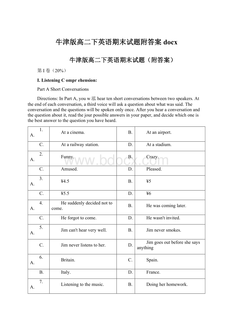 牛津版高二下英语期末试题附答案docx.docx