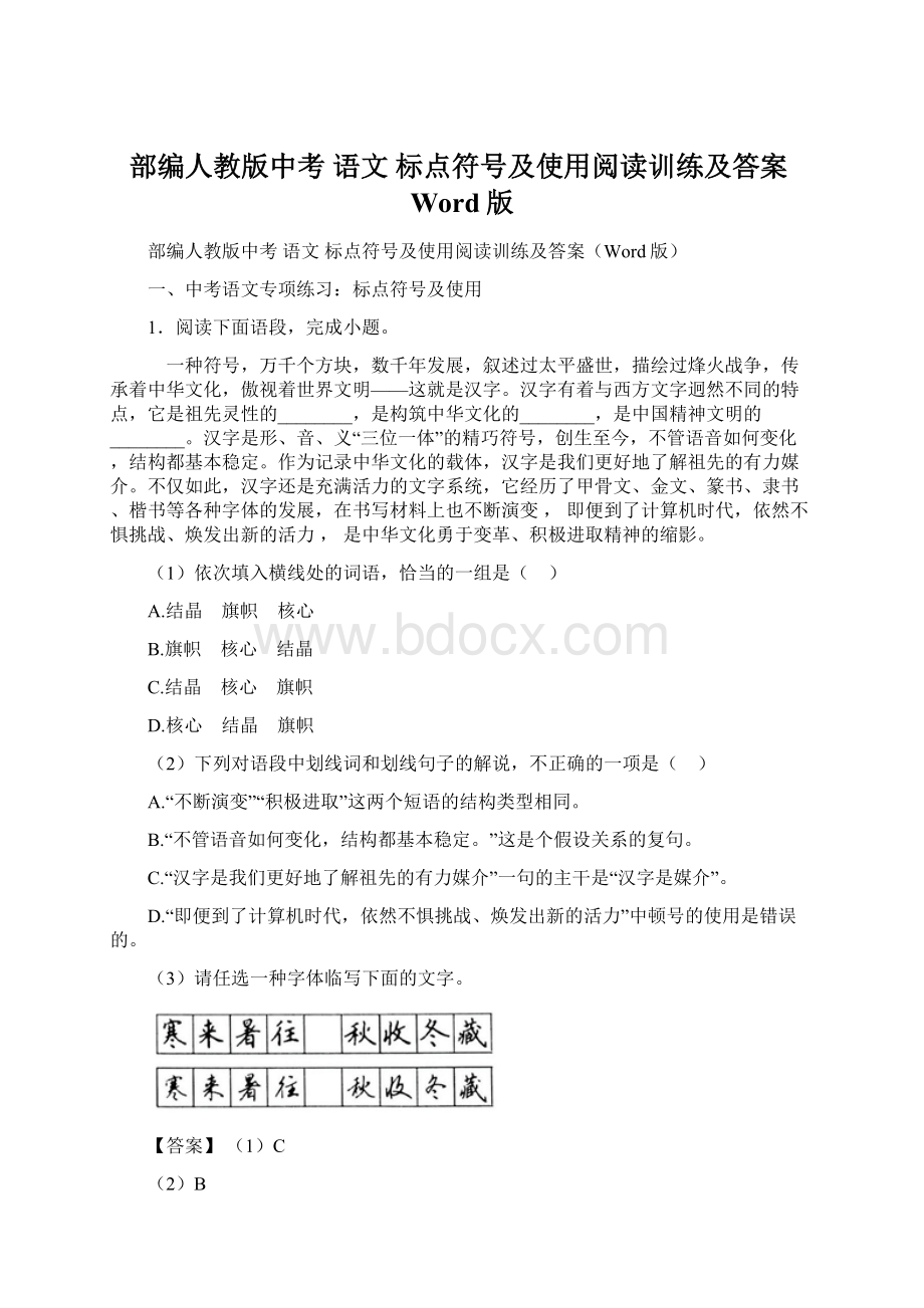 部编人教版中考 语文 标点符号及使用阅读训练及答案Word版.docx