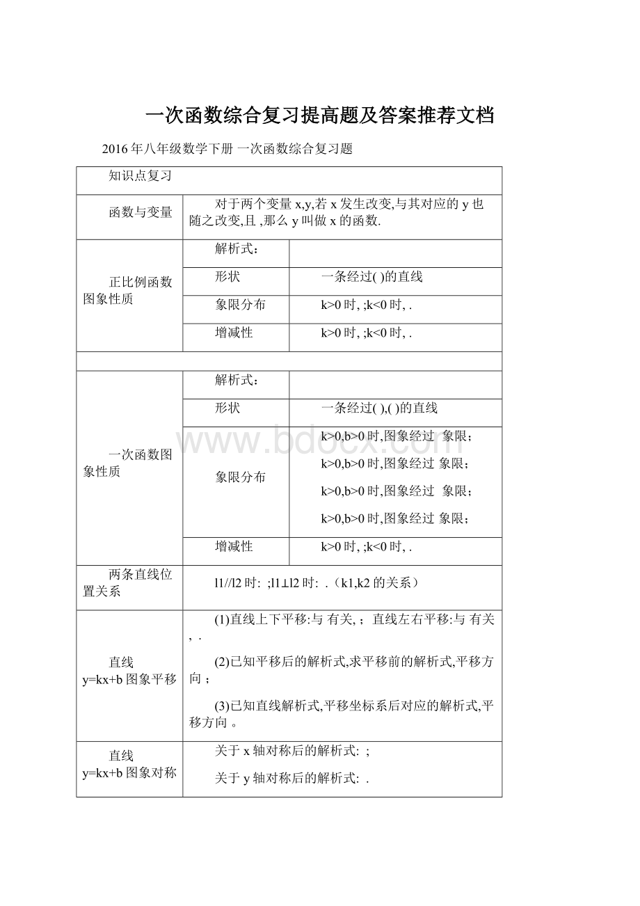 一次函数综合复习提高题及答案推荐文档文档格式.docx_第1页