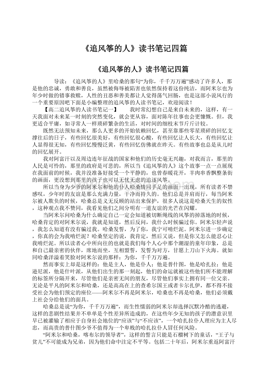 《追风筝的人》读书笔记四篇Word格式文档下载.docx_第1页